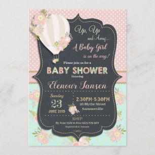 Floral Hot Air Ballon Baby shower Invitation Girl Kaart