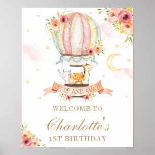 Floral Hot Air Ballon Birthday Animals Welkom Poster