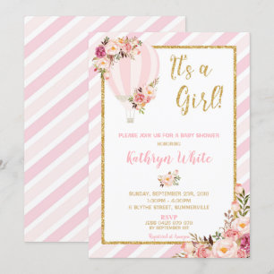 Floral Hot Air Balloon Baby shower Invitation Girl