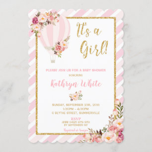 Floral Hot Air Balloon Baby shower Invitation Girl