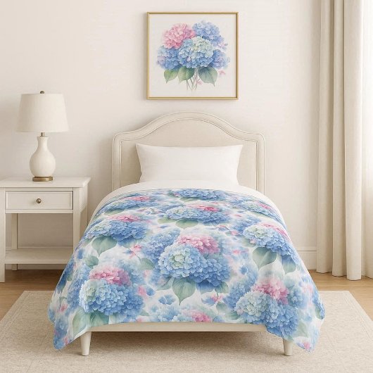Floral Hydrangea Fleece Blanket Blue & Pink  Deken