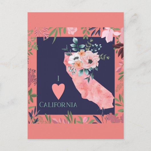  Floral I Love California State Map Briefkaart (Voorkant)