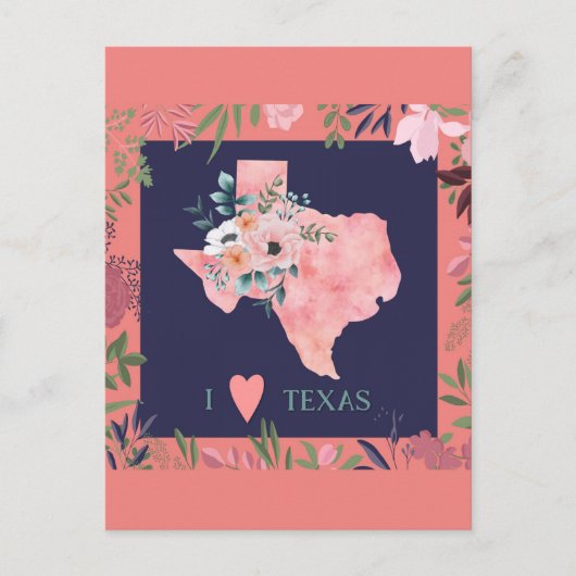 Floral I Love Texas State Map Briefkaart (Voorkant)