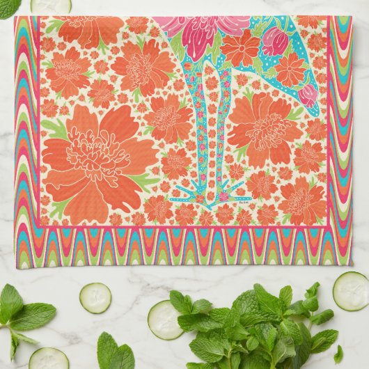 Floral Ibis Bird Retro Wavy Border Design Theedoek (Gevouwen)