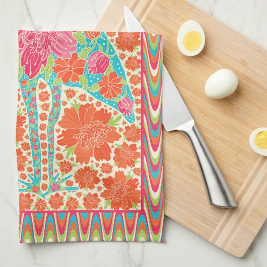 Floral Ibis Bird Retro Wavy Border Design Theedoek (Quarter Fold)