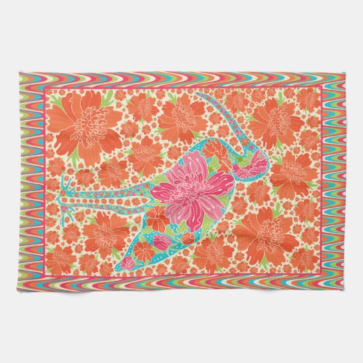 Floral Ibis Bird Retro Wavy Border Design Theedoek (Horizontaal)