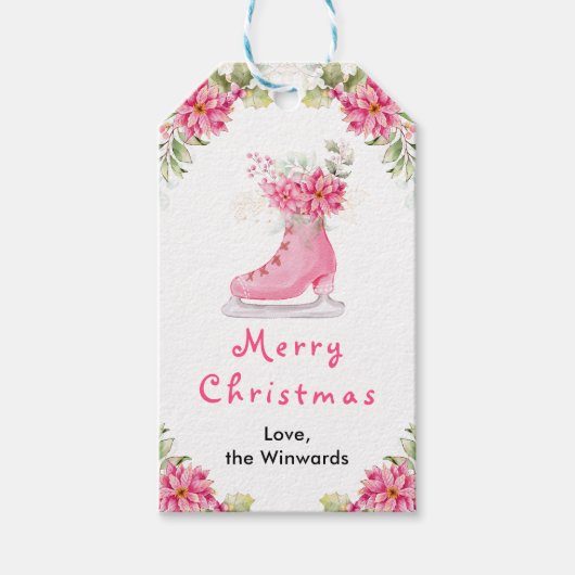 Floral Ice Skate Pink Merry Christmas Cadeaulabel (Voorkant)