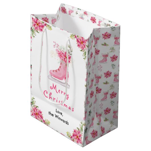 Floral Ice Skate Pink Merry Christmas Medium Cadeauzakje (Voorkant Gekanteld)
