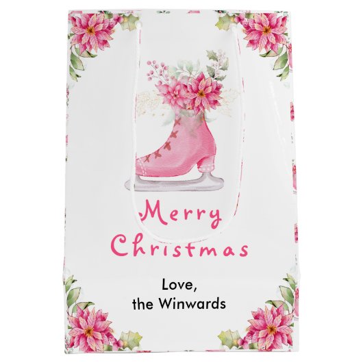Floral Ice Skate Pink Merry Christmas Medium Cadeauzakje (Achterkant)