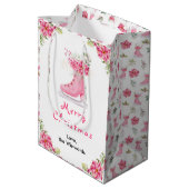 Floral Ice Skate Pink Merry Christmas Medium Cadeauzakje (Achterkant Gekanteld)