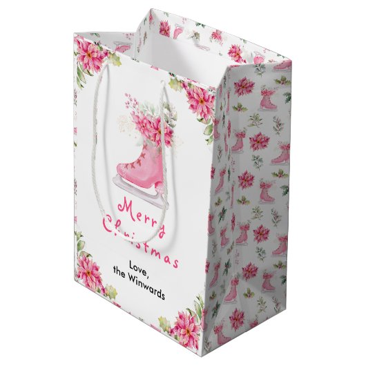 Floral Ice Skate Pink Merry Christmas Medium Cadeauzakje (Achterkant Gekanteld)