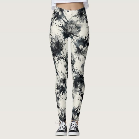 Floral Ink Splash Pattern – Abstract Botanical  Leggings (Voorkant)