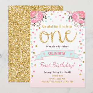 Floral invitation de premier anniversaire fille ro