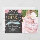 Floral invitation de premier anniversaire fille ro (Devant)