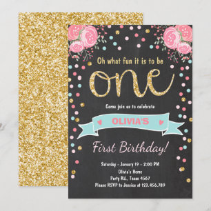 Floral invitation de premier anniversaire fille ro