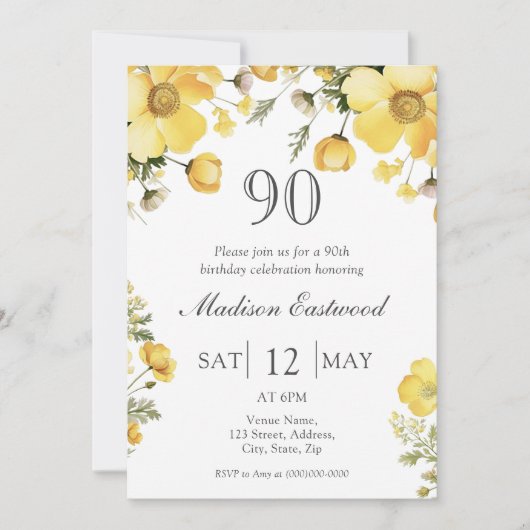Floral jaune 90e anniversaire Invitation (Devant)