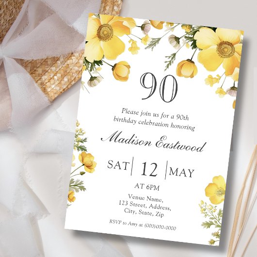 Floral jaune 90e anniversaire Invitation