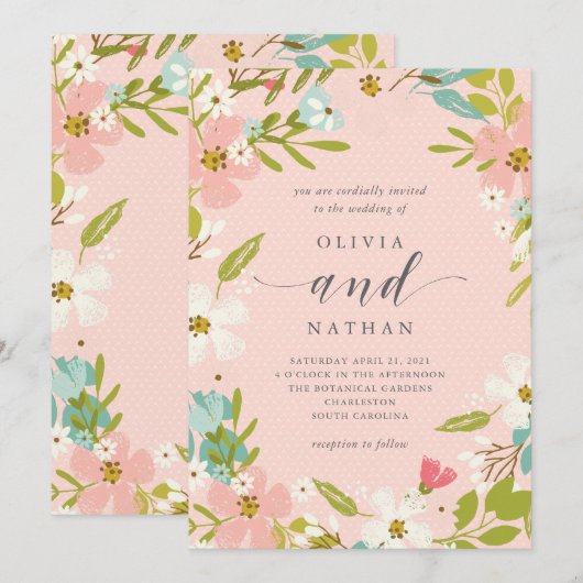 Floral joyeux sur le faire-part de mariage du rose (Devant / Derrière)