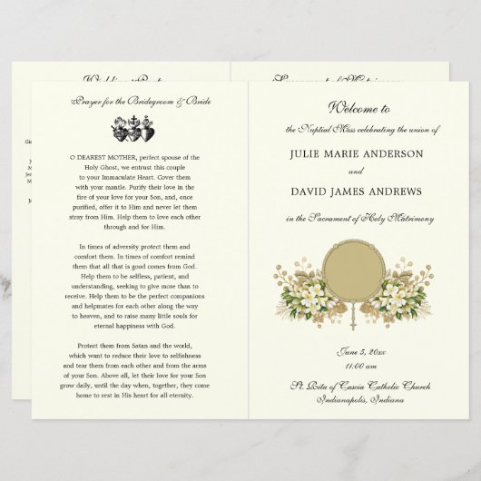 Floral Katholieke bruiloft programma (Voorkant / Achterkant)