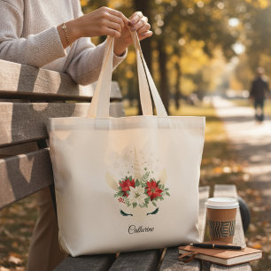 Floral Kerstmis Unicorn - Persoonlijke naam Grote Tote Bag