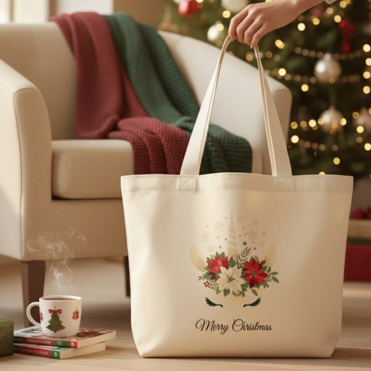 Floral kerstunicorn | Vrolijk kerstfeest Grote Tote Bag