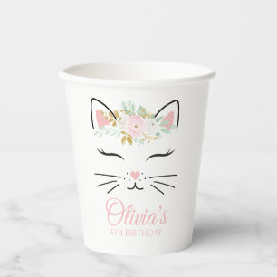 Floral Kitten Verjaardagsfeestje kat gezicht Papieren Bekers