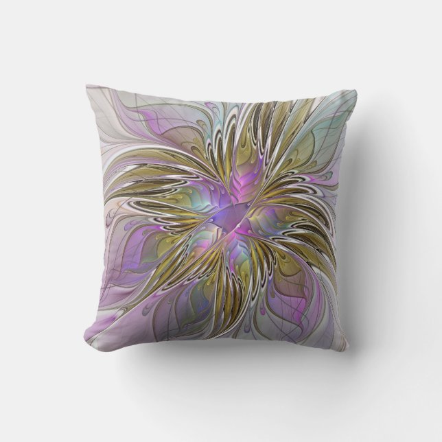 Floral kleurrijk Abstract fractal met roze en goud Kussen (Voorkant)