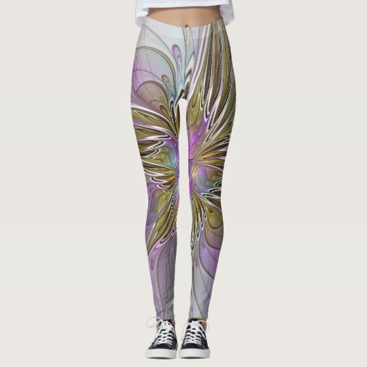 Floral kleurrijk Abstract fractal met roze en goud Leggings (Voorkant)
