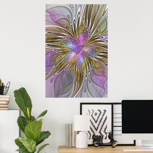 Floral kleurrijk Abstract fractal met roze en goud Poster (Thuiskantoor)