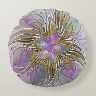 Floral kleurrijk Abstract fractal met roze en goud Rond Kussen