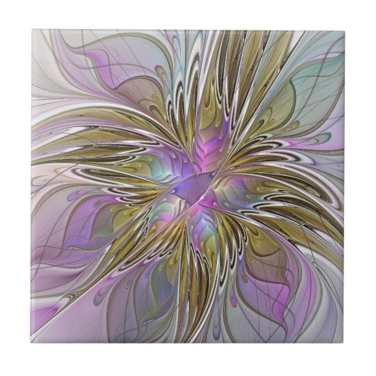 Floral kleurrijk Abstract fractal met roze en goud Tegeltje (Voorkant)