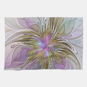 Floral kleurrijk Abstract fractal met roze en goud Theedoek