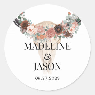 Floral Koe Skull Wedding Favor Ronde Sticker