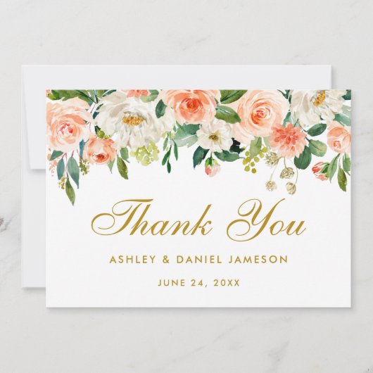 Floral koraal gouden bruiloft dank u bedankkaart (Voorkant)
