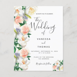 Floral koral script white bruiloft-uitnodiging briefkaart