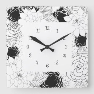 Floral Ktchen Wall Clocks - zwart-wit Vierkante Klok