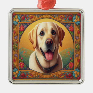 Floral Labrador Retriever Hond Kleurrijke Rand Metalen Ornament