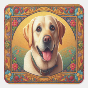 Floral Labrador Retriever Hond Kleurrijke Rand Vierkante Sticker