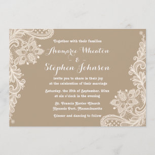 Floral Lace Brown and White Wedding Invitation Kaart