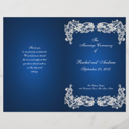 Floral Lace Sapphire Blue Wedding Programme (Voorkant)