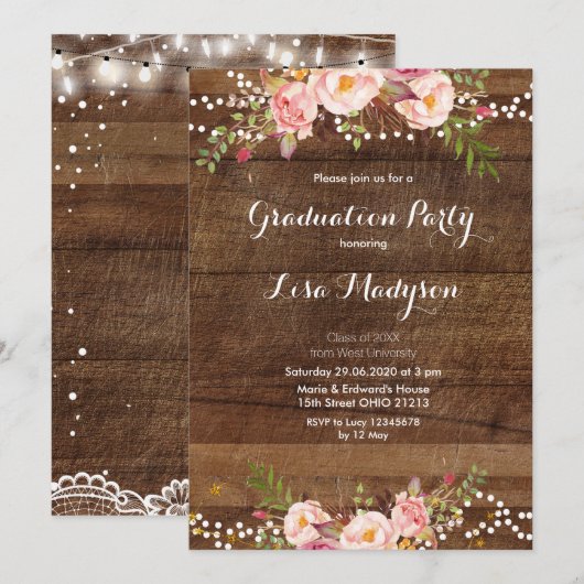 Floral Lace String Lights Graduparty-kaart Kaart (Voorkant / Achterkant)