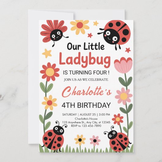 Floral ladybug birthday kaart (Voorkant)