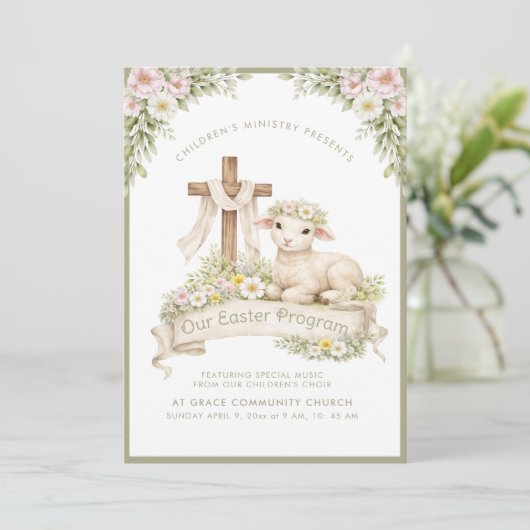Floral Lamb with Cross | Easter Program Invitation (Debout devant)