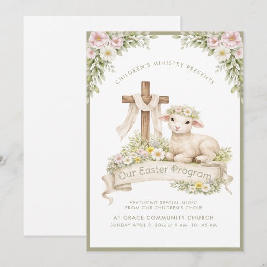 Floral Lamb with Cross | Easter Program Invitation (Devant / Derrière)