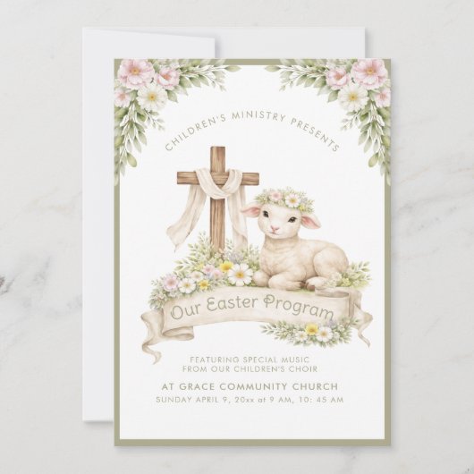 Floral Lamb with Cross | Easter Program Invitation Kaart (Voorkant)