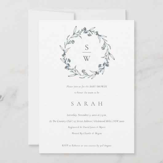 Floral Laurel Wreath Monogram Baby shower Invite Bedankkaart (Voorkant)