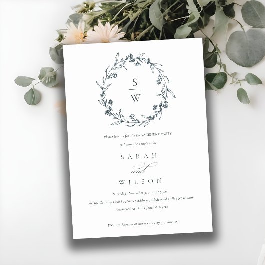 Floral Laurel Wreath Monogram Verloving Invite Bedankkaart