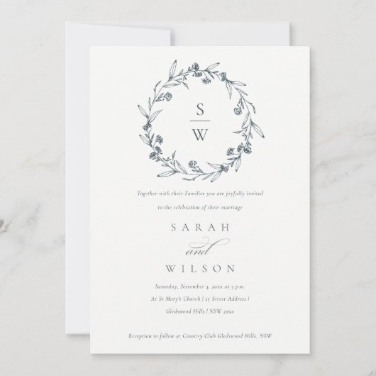 Floral Laurel Wreath Monogramme Mariage Invitation (Devant)