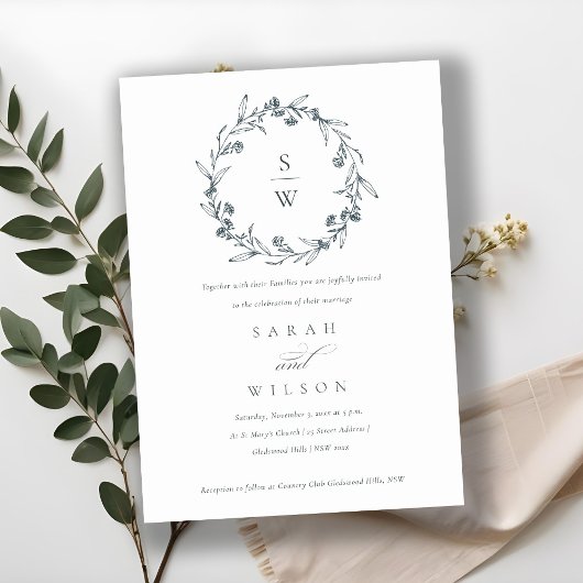 Floral Laurel Wreath Monogramme Mariage Invitation