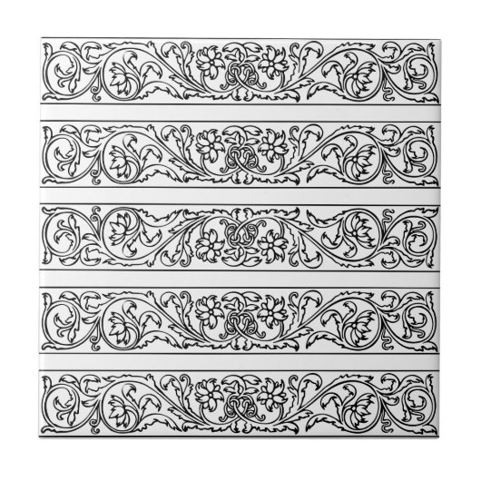 Floral Leaf Damask Black White Scroll Pattern Tegeltje (Voorkant)